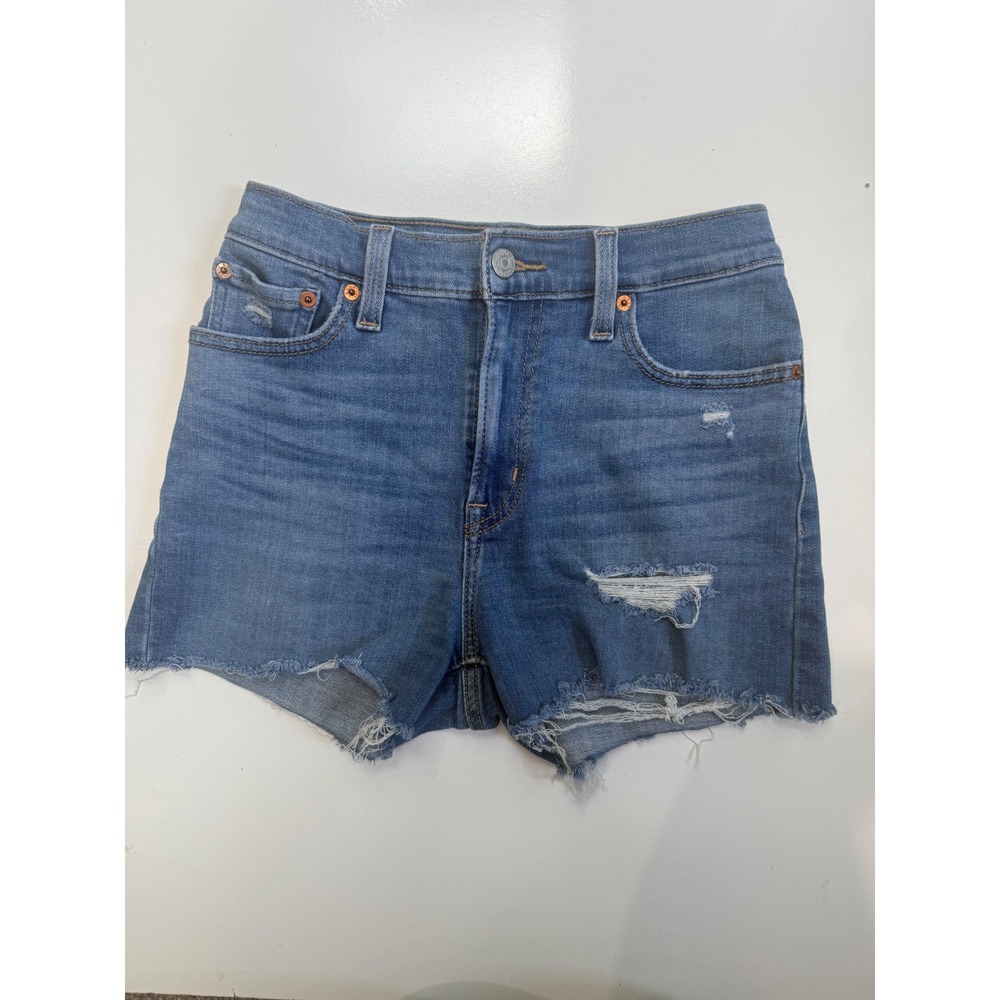 Levis High Rise Shorts 26 Medium Wash Distressed Denim Cut‎ Offs Frayed Hem